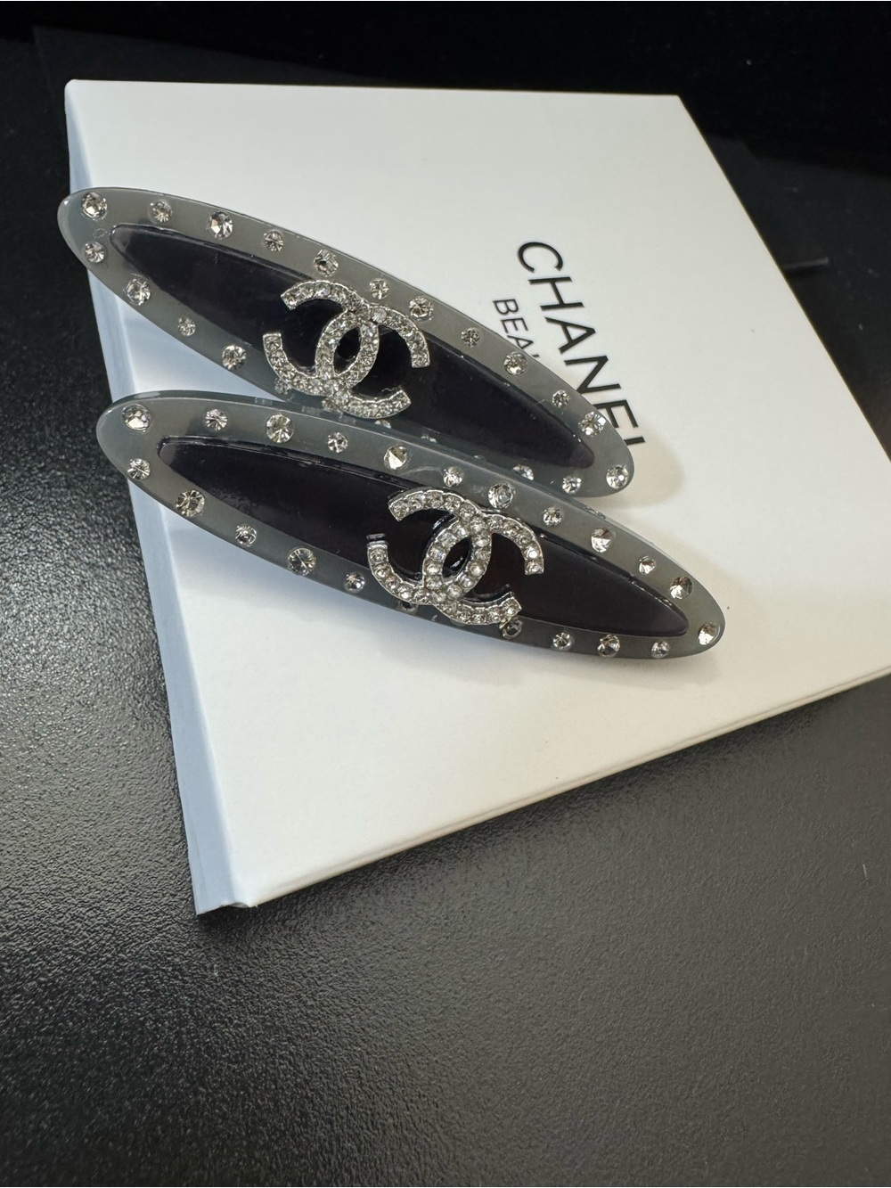 Chanel Black Crystal-Embellished Logo Hair Clips - Pair (set of 2) - Picture 2 of 8